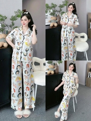 Đồ ngủ Pijama hàng hiệu form dài lụa cao cấp hottrent Trắng họa tiết cô gái DN169240