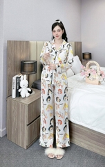 Đồ ngủ Pijama hàng hiệu form dài lụa cao cấp hottrent Trắng họa tiết cô gái DN169240