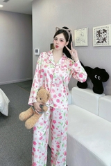 Đồ ngủ Pijama hàng hiệu form dài lụa cao cấp hottrent Trắng họa tiết bông hồng DN171240