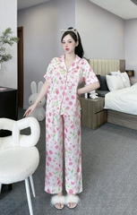 Đồ ngủ Pijama hàng hiệu form dài lụa cao cấp hottrent Trắng họa tiết bông hồng DN171240