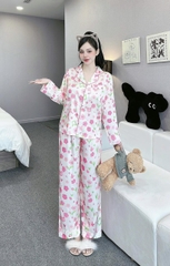 Đồ ngủ Pijama hàng hiệu form dài lụa cao cấp hottrent Trắng họa tiết bông hồng DN171240
