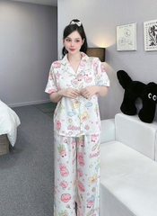 Đồ ngủ Pijama hàng hiệu form dài lụa cao cấp hottrent Trắng họa tiết gấu Kute DN177240