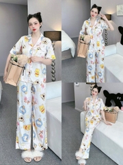 Đồ ngủ Pijama hàng hiệu form dài lụa cao cấp hottrent Họa tiết Gấu Poor DN181240