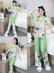 Đồ ngủ Pijama hàng hiệu form dài lụa cao cấp hottrent Xanh lá Họa tiết Thỏ trắng DN182240