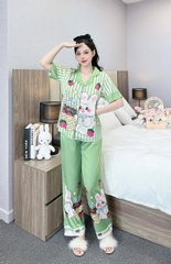 Đồ ngủ Pijama hàng hiệu form dài lụa cao cấp hottrent Xanh lá Họa tiết Thỏ trắng DN182240