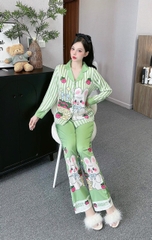 Đồ ngủ Pijama hàng hiệu form dài lụa cao cấp hottrent Xanh lá Họa tiết Thỏ trắng DN182240