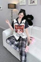 Đồ ngủ Pijama hàng hiệu form dài lụa cao cấp hottrent Đen phối trắng Họa tiết cô gái DN184240