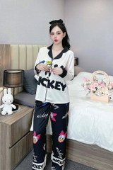 Đồ ngủ Pijama hàng hiệu form dài lụa cao cấp hottrent Đen phối trắng Họa tiết Mickey DN185240