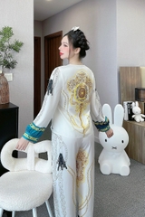 Đồ ngủ Pijama hàng hiệu form dài lụa cao cấp hottrent Trắng viền xanh họa tiết Hoàng gia DN193240