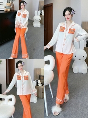 Đồ ngủ Pijama hàng hiệu form dài lụa cao cấp hottrent Trắng Phối Cam DN188240