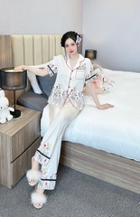 Đồ ngủ Pijama hàng hiệu form dài lụa cao cấp hottrent Trắng Phối Hoa DN189240