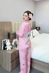 Đồ ngủ Pijama hàng hiệu form dài lụa cao cấp hottrent Hồng sọc họa tiết hoạt hình DN197240