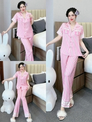 Đồ ngủ Pijama hàng hiệu form dài lụa cao cấp hottrent Hồng sọc trắng DN201240