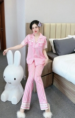 Đồ ngủ Pijama hàng hiệu form dài lụa cao cấp hottrent Hồng sọc trắng DN201240