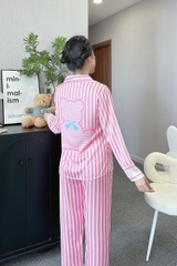 Đồ ngủ Pijama hàng hiệu form dài lụa cao cấp hottrent Hồng sọc trắng DN201240