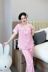 Đồ ngủ Pijama hàng hiệu form dài lụa cao cấp hottrent Hồng sọc trắng DN201240