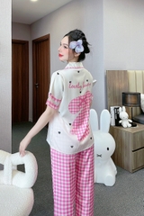 Đồ ngủ Pijama hàng hiệu form dài lụa cao cấp hottrent Hồng kẻ karo Gấu DN205240