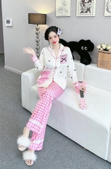 Đồ ngủ Pijama hàng hiệu form dài lụa cao cấp hottrent Hồng kẻ karo Gấu DN205240