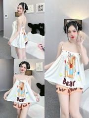 Đồ ngủ Pijama hai dây hàng hiệu lụa cao cấp hottrent Trắng họa tiết gấu bear DN211240