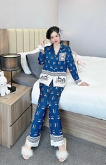 Đồ ngủ Pijama hàng hiệu form dài lụa cao cấp hottrent Xanh phối chử HM DN208240