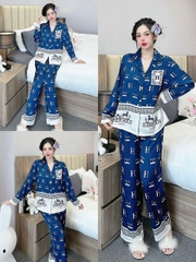 Đồ ngủ Pijama hàng hiệu form dài lụa cao cấp hottrent Xanh phối chử HM DN208240