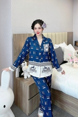 Đồ ngủ Pijama hàng hiệu form dài lụa cao cấp hottrent Xanh phối chử HM DN208240