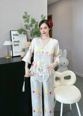 Đồ ngủ Pijama hàng hiệu form dài lụa cao cấp hottrent Trắng Họa tiết Hoa DN209240