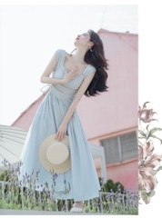 Đầm xanh dáng dài cổ vuông nhún eo phong cách Hàn Quốc nhẹ nhàng thanh lịch đi chơi, đi tiệc D178240