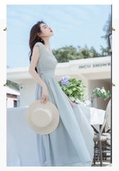 Đầm xanh dáng dài cổ vuông nhún eo phong cách Hàn Quốc nhẹ nhàng thanh lịch đi chơi, đi tiệc D178240