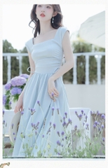 Đầm xanh dáng dài cổ vuông nhún eo phong cách Hàn Quốc nhẹ nhàng thanh lịch đi chơi, đi tiệc D178240