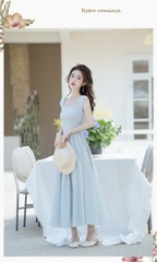Đầm xanh dáng dài cổ vuông nhún eo phong cách Hàn Quốc nhẹ nhàng thanh lịch đi chơi, đi tiệc D178240