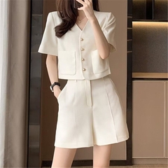 Set áo ngắn quần short trắng cao cấp phong cách hiện đại Hàn Quốc năng động xinh đẹp xu hường mới nhất D184240