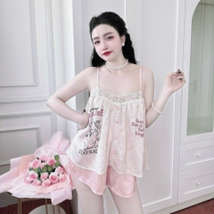 Đồ ngủ Pijama 2 dây bánh bèo hàng hiệu lụa cao cấp hottrent Trắng phối hồng DN321240