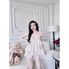 Đồ ngủ Pijama 2 dây bánh bèo hàng hiệu lụa cao cấp hottrent Trắng phối hồng DN321240