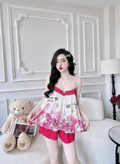 Đồ ngủ Pijama 2 dây dáng ngắn hàng hiệu lụa cao cấp hottrent Đỏ phối họa tiết hoa hồng DN326240