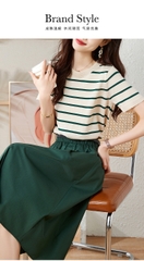 Set áo thun đệt kim sọc xanh chân váy xanh lưng chun phong cách Hàn Quốc trẻ trung hiện đại năng động cho ngày hè mới D186240