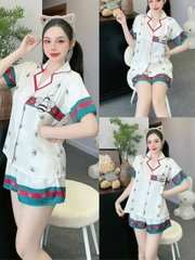 Đồ ngủ Pijama hàng hiệu dáng ngắn lụa cao cấp hottrent Trắng viền Xanh đỏ họa tiết con ong DN343240