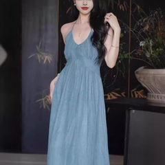 Váy 2 dây cổ V màu xanh phong cách hiện đại nhẹ nhàng quyễn rũ đi chơi du lịch xu hướng hè thu mới nhất D193240