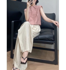 Set áo cộc hồng quần suông ống rộng phong cách Trung Hoa hiện đại năng động trẻ trung xu hướng hè mới D199240