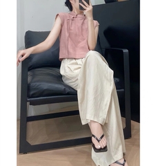 Set áo cộc hồng quần suông ống rộng phong cách Trung Hoa hiện đại năng động trẻ trung xu hướng hè mới D199240