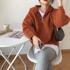 Áo khoác len dệt kim khóa kéo có mũ nhiều màu kiểu pháp xu hướng mùa thu đông D320240