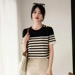 Áo Thun Sọc Dệt Kim Cổ Tròn Đính Cúc Phong Cách Hàn Quốc D459240