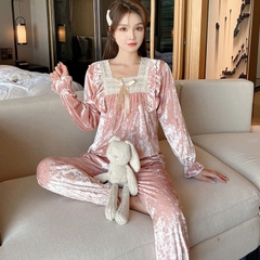 Set bộ ngủ nhung tăm phối ren xu hướng thu đông mới nhất D536240