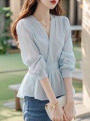 Áo sơ mi thắt eo sọc voan xanh nhạt phong cách Hàn Quốc D595240