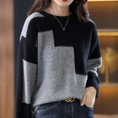 Áo len dệt kim cổ tròn phối màu phong cách Hàn Quốc D620240