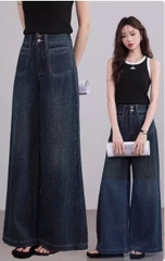 Quần jean ống rộng đứng cạp cao màu xanh đậm phong cách Vintage Retro QJ101240
