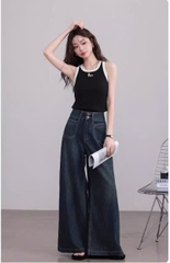 Quần jean ống rộng đứng cạp cao màu xanh đậm phong cách Vintage Retro QJ101240