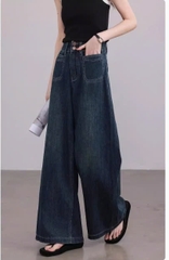 Quần jean ống rộng đứng cạp cao màu xanh đậm phong cách Vintage Retro QJ101240