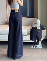 Quần jean ống rộng đứng cạp cao màu xanh đậm phong cách Retro QJ100240