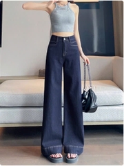 Quần jean ống rộng đứng cạp cao màu xanh đậm phong cách Retro QJ100240